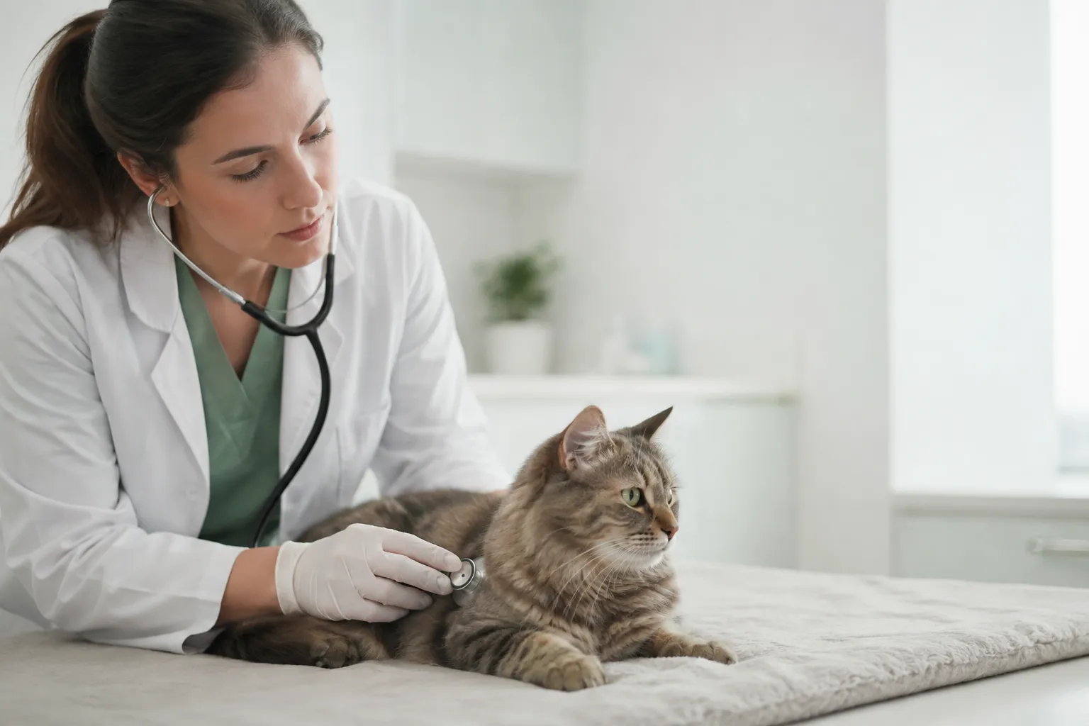 A veterinarian caring for a cat